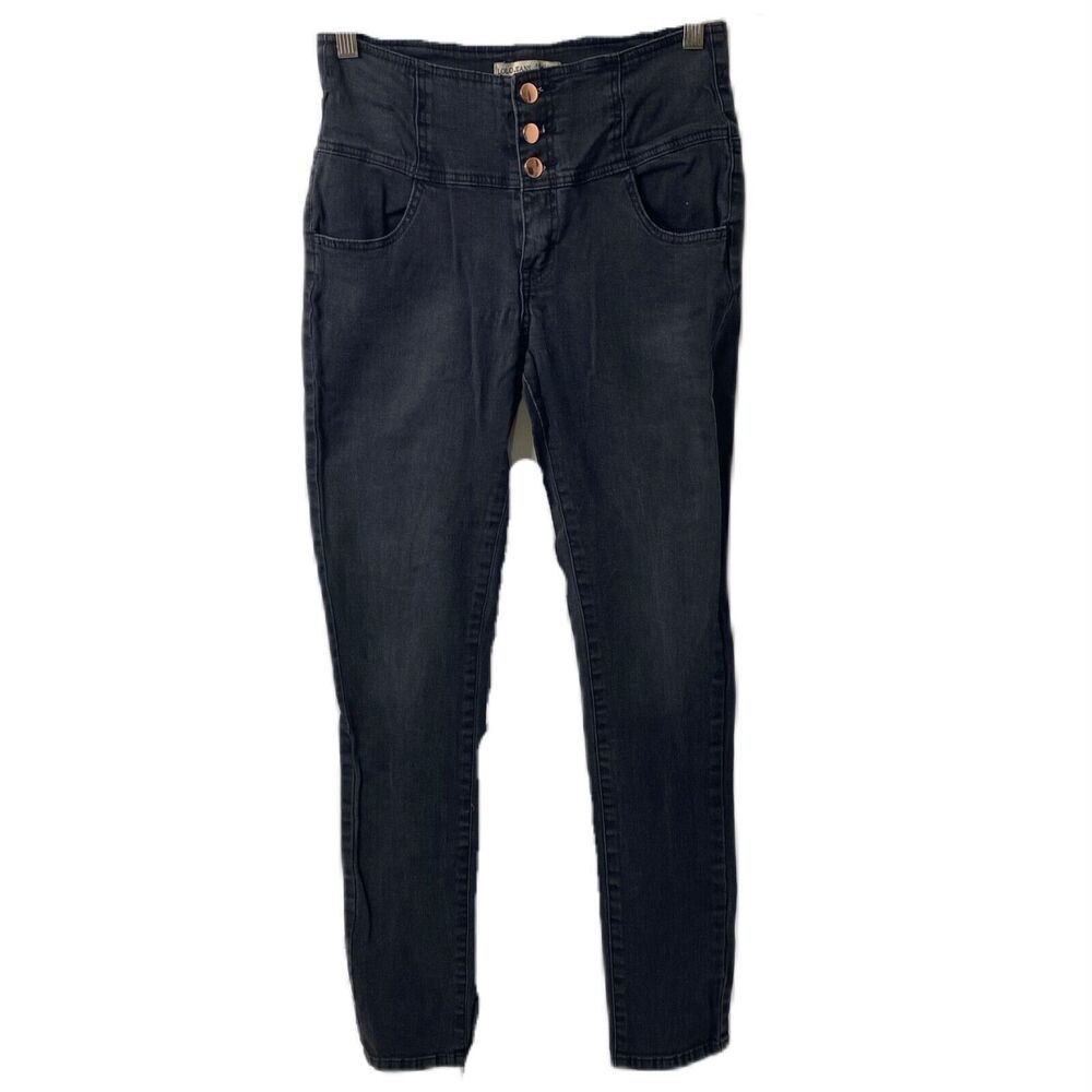 Juniors 9 X 28 Skinny Jeans LoLo Jeans Black High Waist Fly Button Pockets